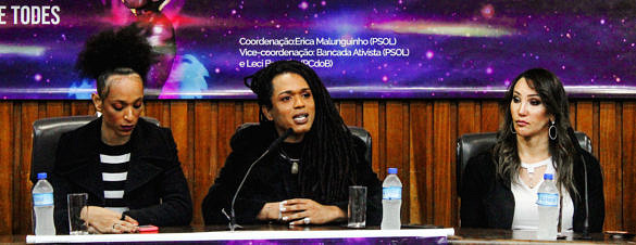 Érika Hilton, Erica Malunguinho e Tifanny Abreu durante audiência pública na Alesp para discutir a presença de atletas trans no esporte (Foto: João Ker | Revista Híbrida)