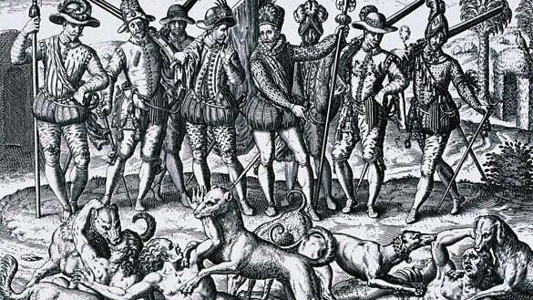 Cena descrita por Pietro D’Anguiera em “De Orbe Novo”, com Vasco Nuñez de Balboa assassinando o irmão de um cacique no Panamá e 40 de seus companheiros por estarem vestidos de mulher, em 1513 (Gravura: Theodor de Bry | Reprodução)