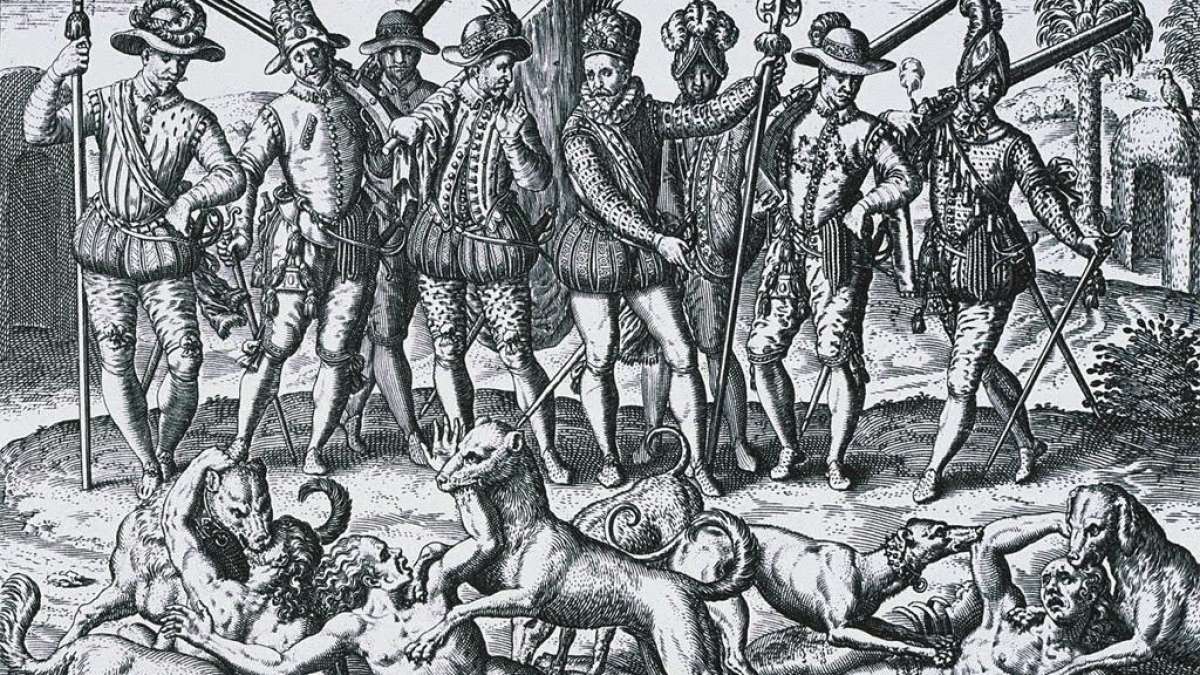 Cena descrita por Pietro D’Anguiera em “De Orbe Novo”, com Vasco Nuñez de Balboa assassinando o irmão de um cacique no Panamá e 40 de seus companheiros por estarem vestidos de mulher, em 1513 (Gravura: Theodor de Bry | Reprodução)