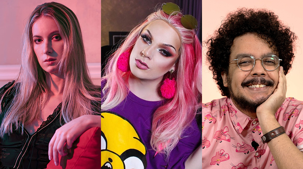 Natalie Wynn, do canal "ContraPoints", Lorelay Fox e Thiago Guimarães, do "OraThiago" (Foto: Reprodução)