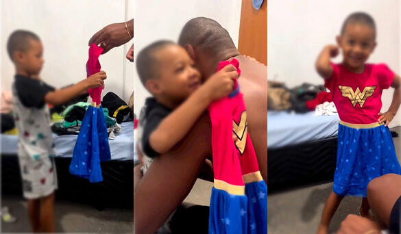 Aos 4 anos, menino se emociona ao ganhar vestido da Mulher Maravilha [Foto: Reprodução]