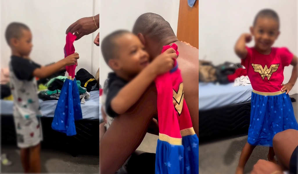 Aos 4 anos, menino se emociona ao ganhar vestido da Mulher Maravilha [Foto: Reprodução]